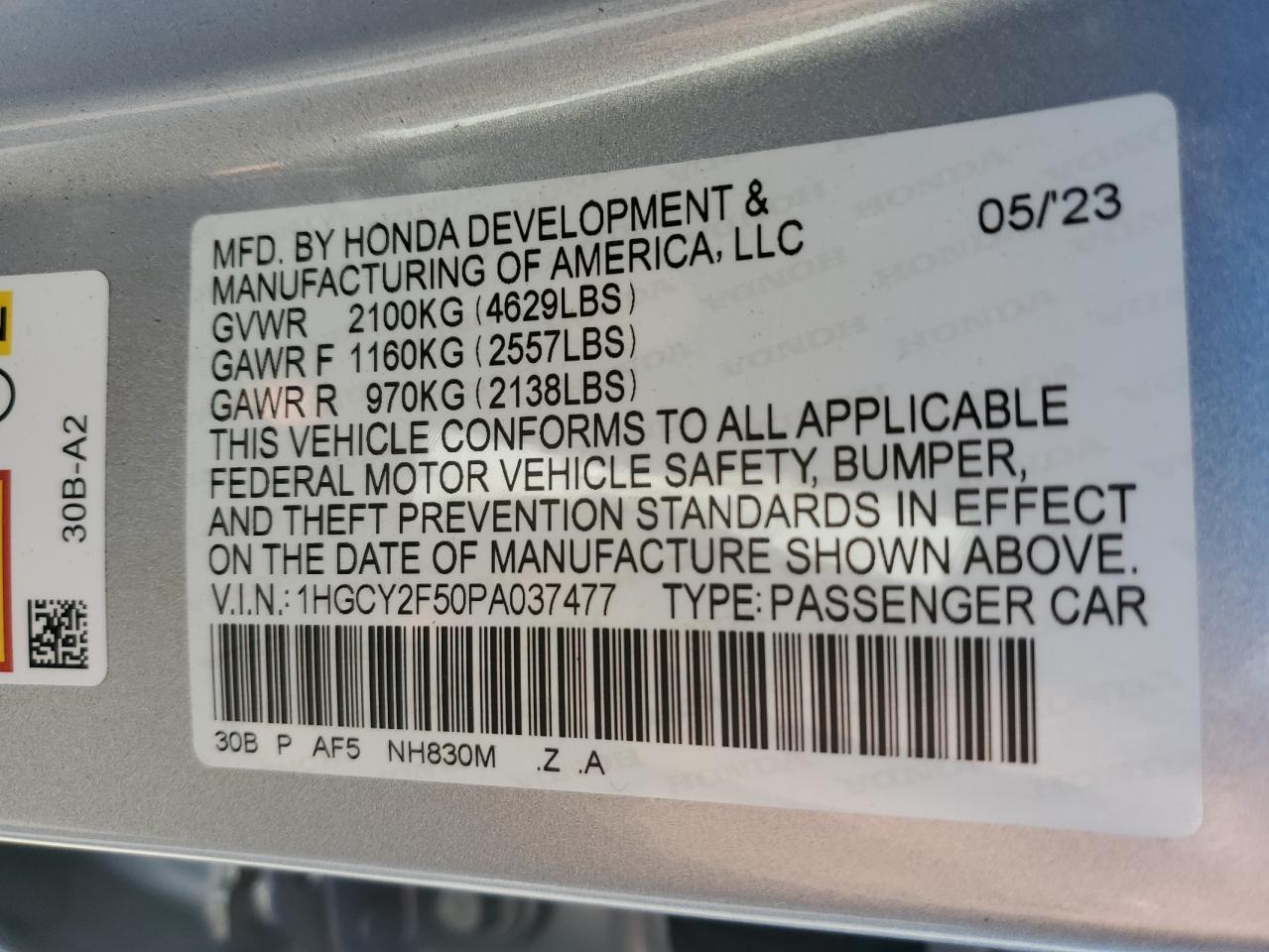 2023 HONDA ACCORD HYBRID SPORT VIN:1HGCY2F50PA037477