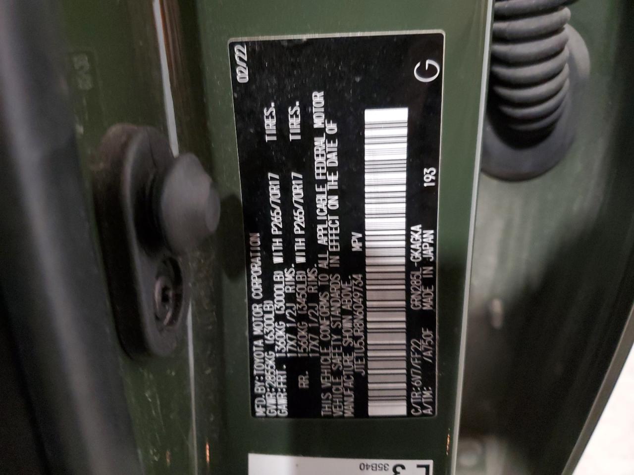 2022 TOYOTA 4RUNNER TRAIL VIN:JTETU5JR8N6049734