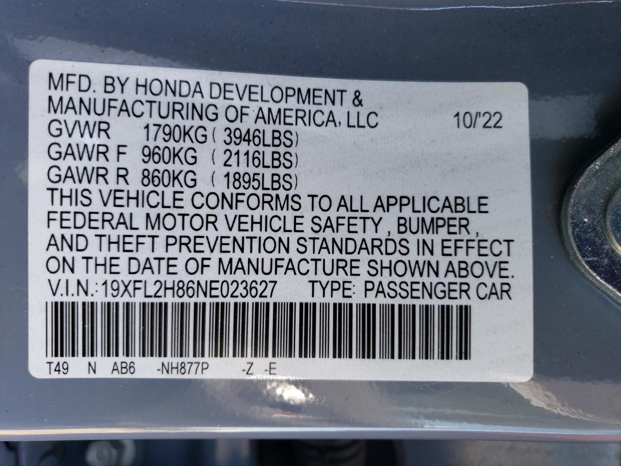 2022 HONDA CIVIC SPORT VIN:19XFL2H86NE023627