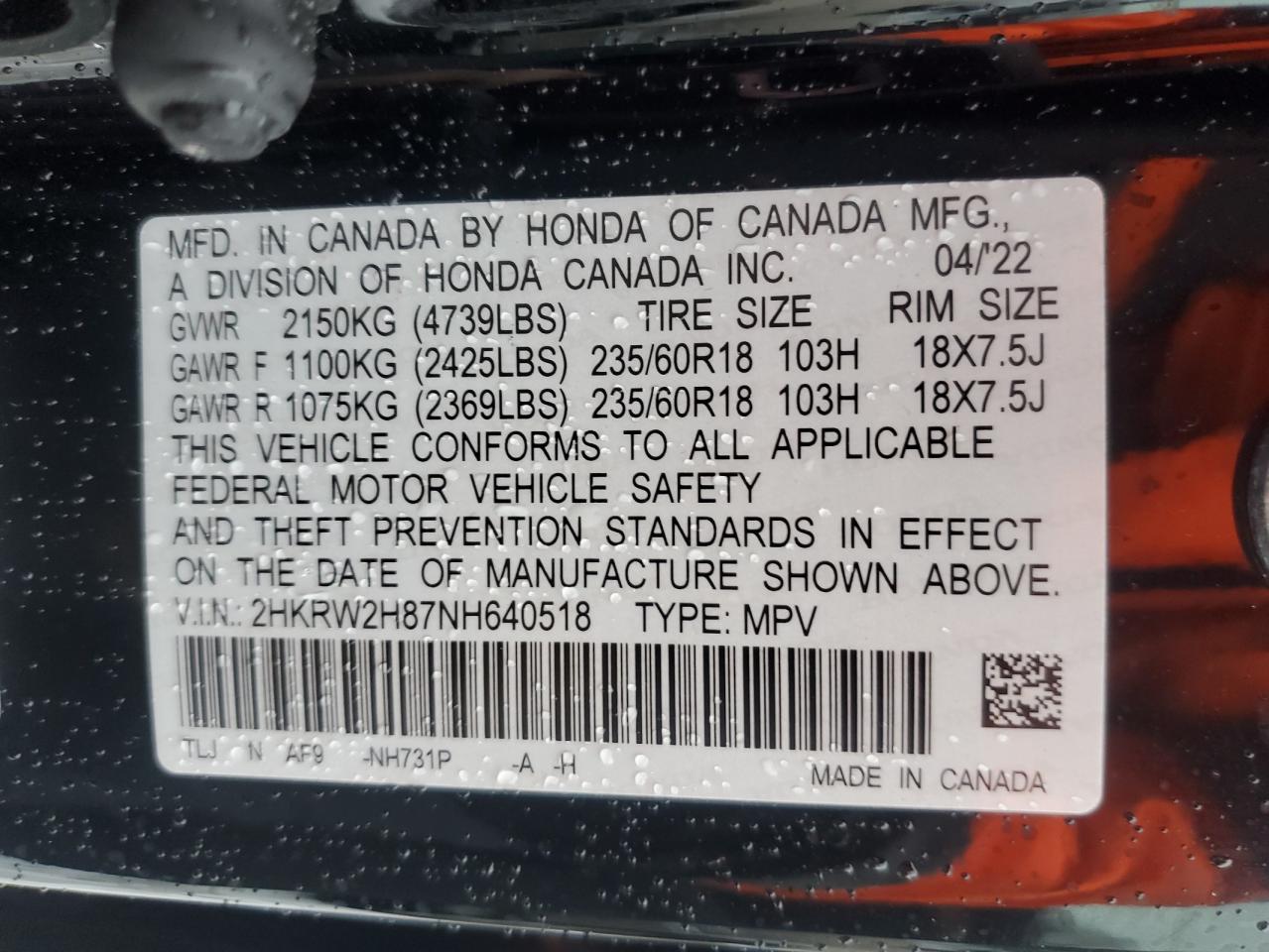2022 HONDA CR-V EXL VIN:2HKRW2H87NH640518