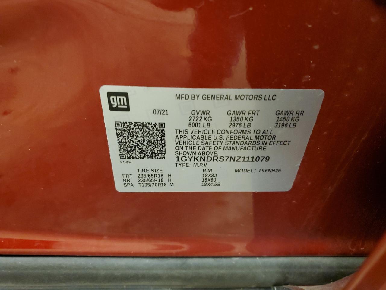 2022 CADILLAC XT5 PREMIUM LUXURY VIN:1GYKNDRS7NZ111079