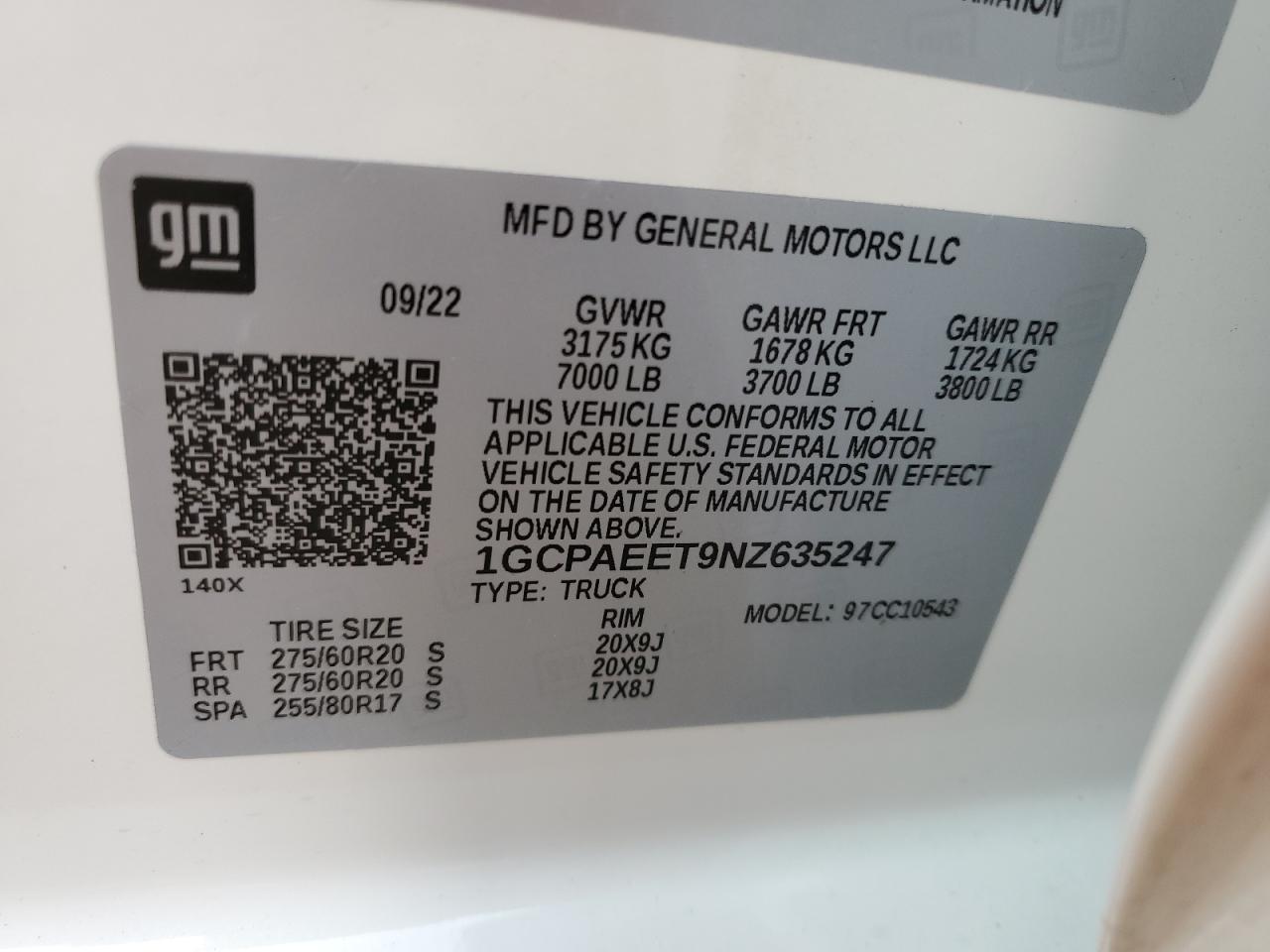 2022 CHEVROLET SILVERADO C1500 LTZ VIN:1GCPAEET9NZ635247