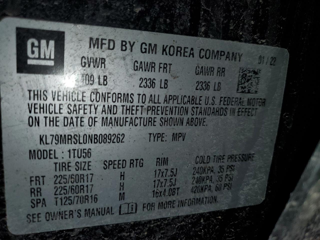 2022 CHEVROLET TRAILBLAZER LT VIN:KL79MRSL0NB089262