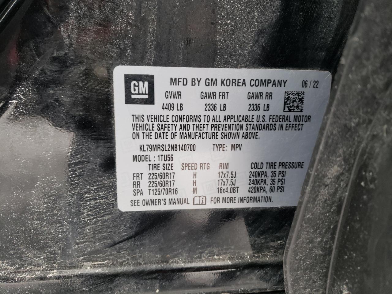 2022 CHEVROLET TRAILBLAZER LT VIN:KL79MRSL2NB140700