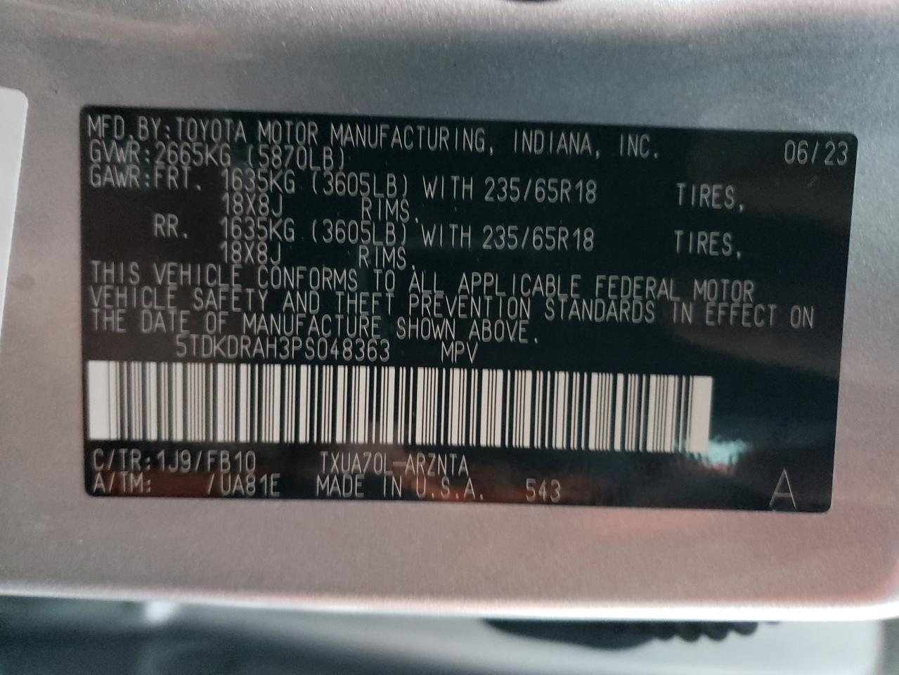 2023 TOYOTA HIGHLANDER L VIN:5TDKDRAH3PS048363