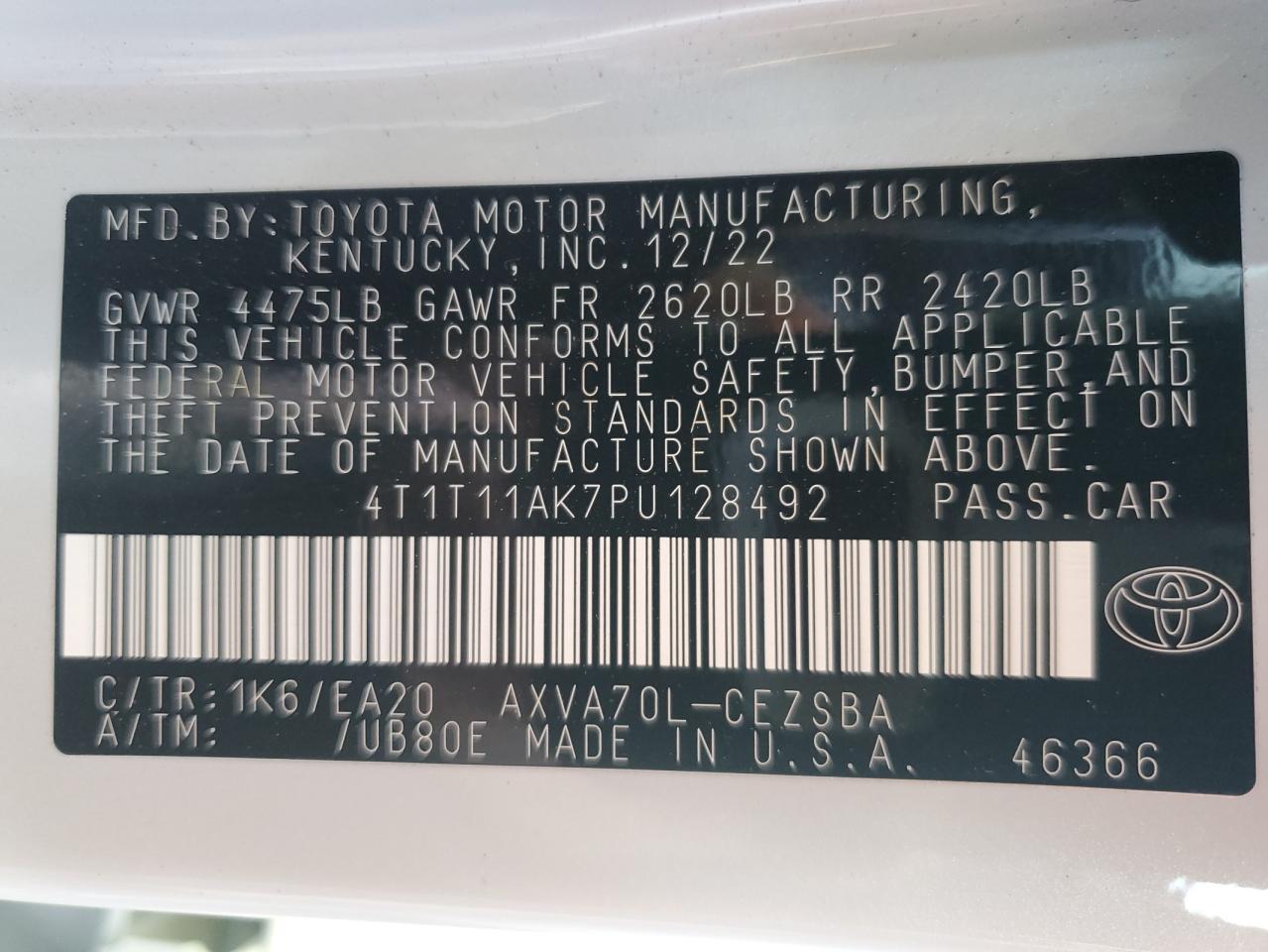 2023 TOYOTA CAMRY SE NIGHT SHADE VIN:4T1T11AK7PU128492