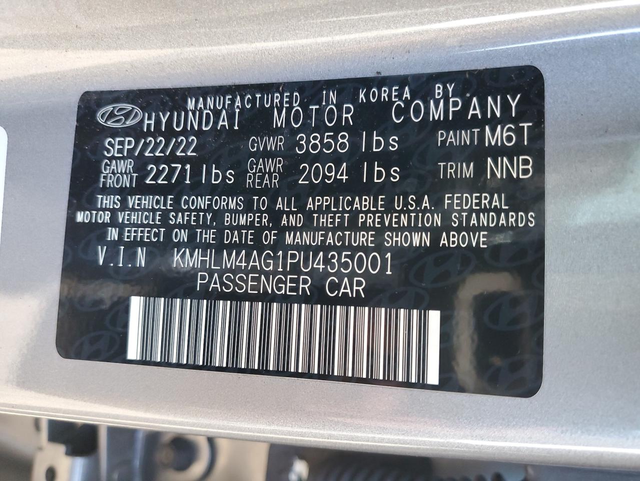 2023 HYUNDAI ELANTRA SEL VIN:KMHLM4AG1PU435001
