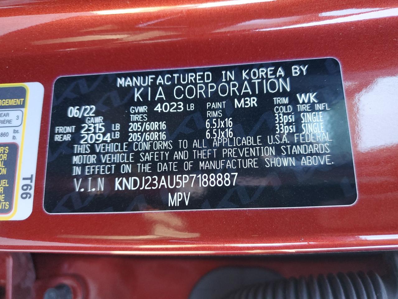 2023 KIA SOUL LX VIN:KNDJ23AU5P7188887