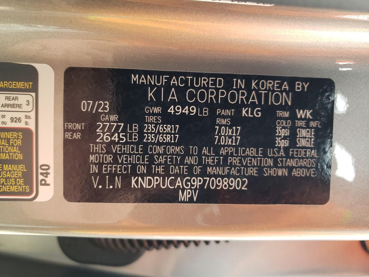 2023 KIA SPORTAGE LX VIN:KNDPUCAG9P7098902