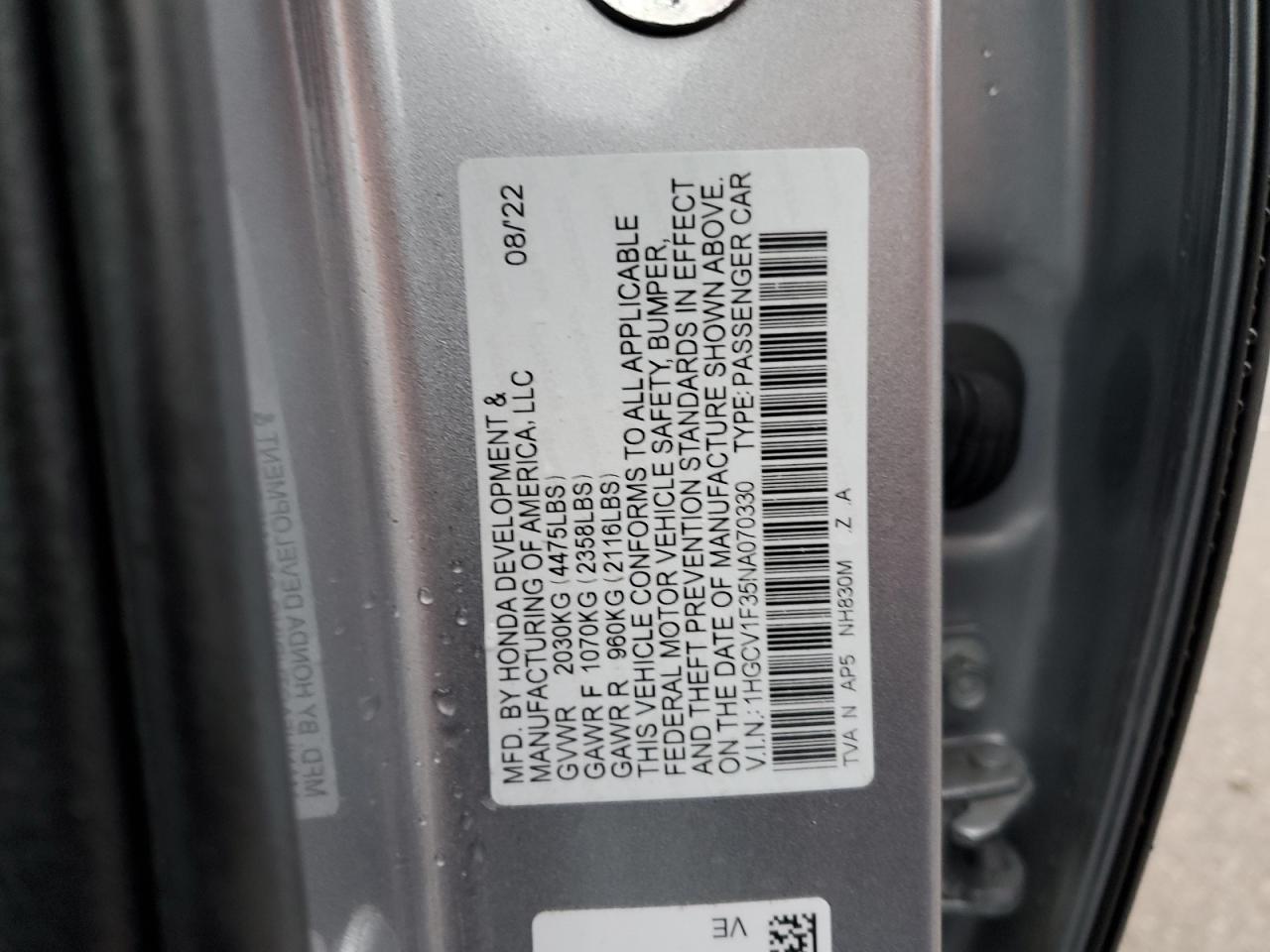 2022 HONDA ACCORD SPORT VIN:1HGCV1F35NA070330