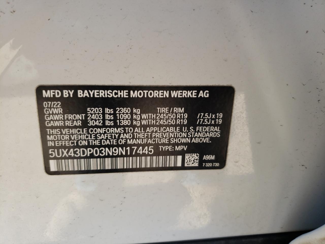 2022 BMW X3 SDRIVE30I VIN:5UX43DP03N9N17445