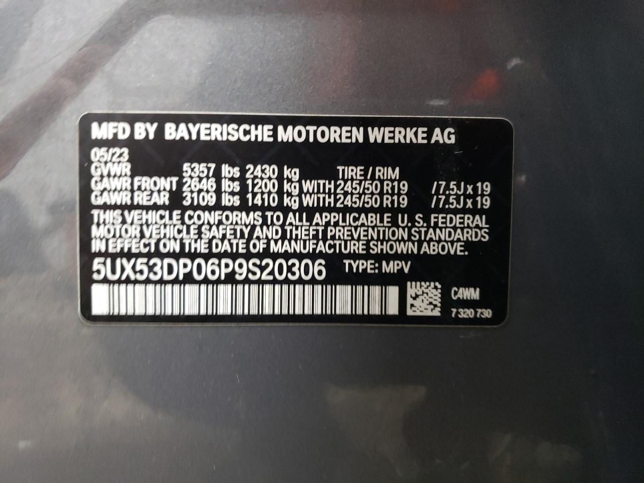 2023 BMW X3 XDRIVE30I VIN:5UX53DP06P9S20306