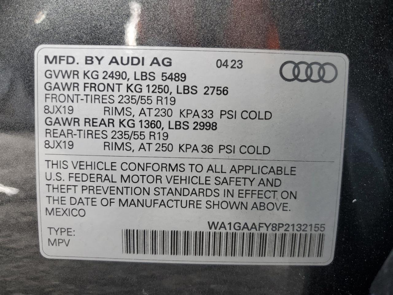 2023 AUDI Q5 PREMIUM 45 VIN:WA1GAAFY8P2132155