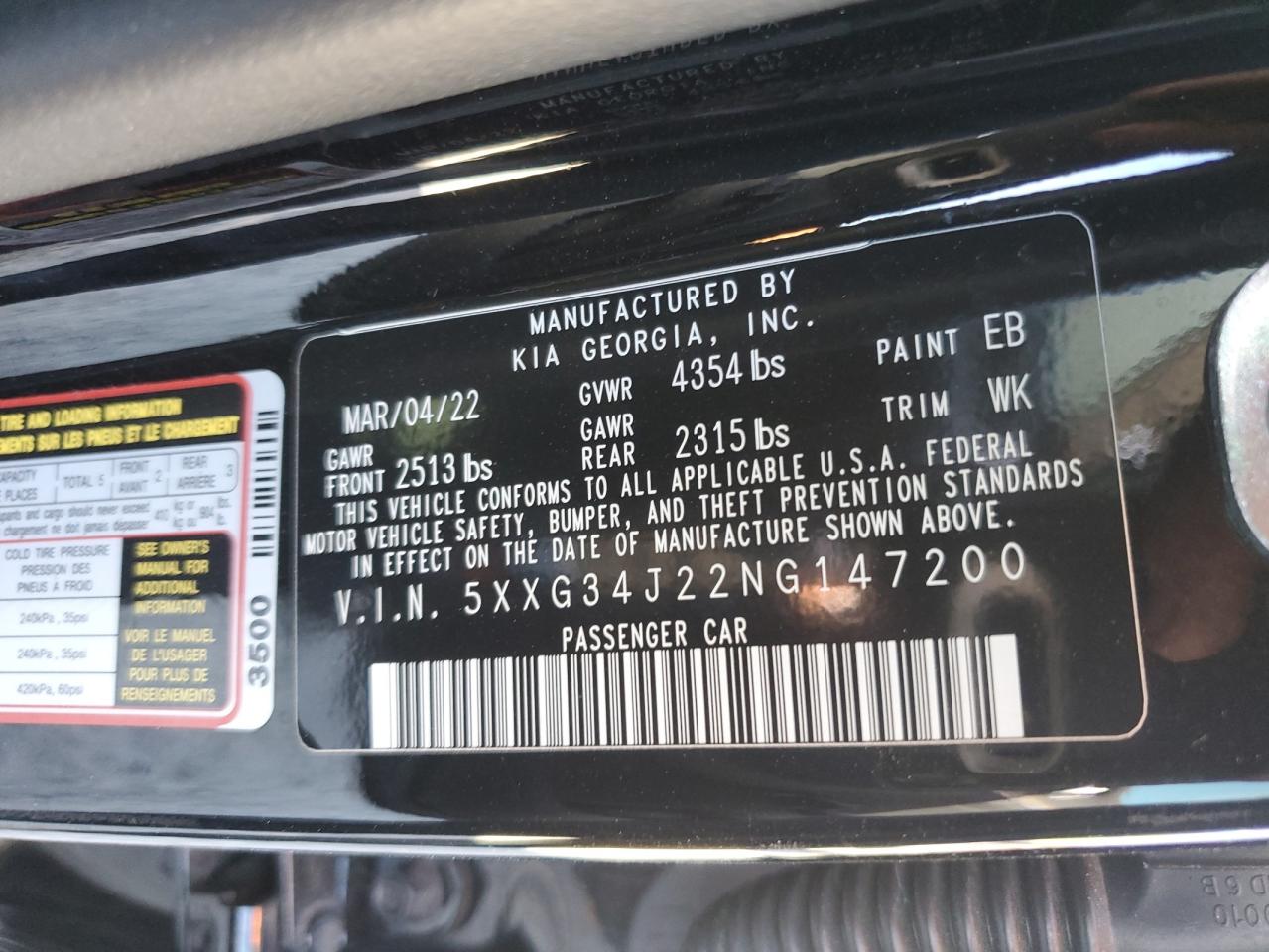 2022 KIA K5 EX VIN:5XXG34J22NG147200