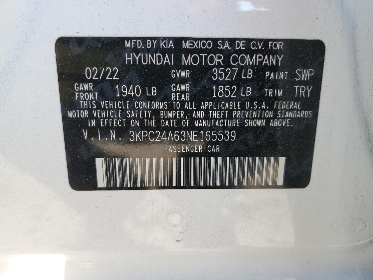 2022 HYUNDAI ACCENT SE VIN:3KPC24A63NE165539