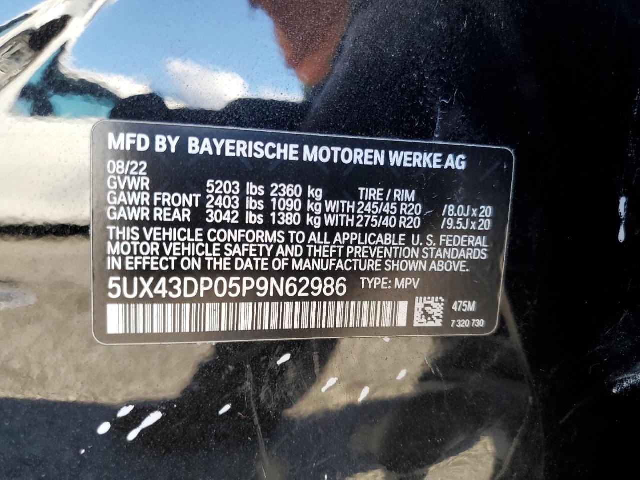 2023 BMW X3 SDRIVE30I VIN:5UX43DP05P9N62986