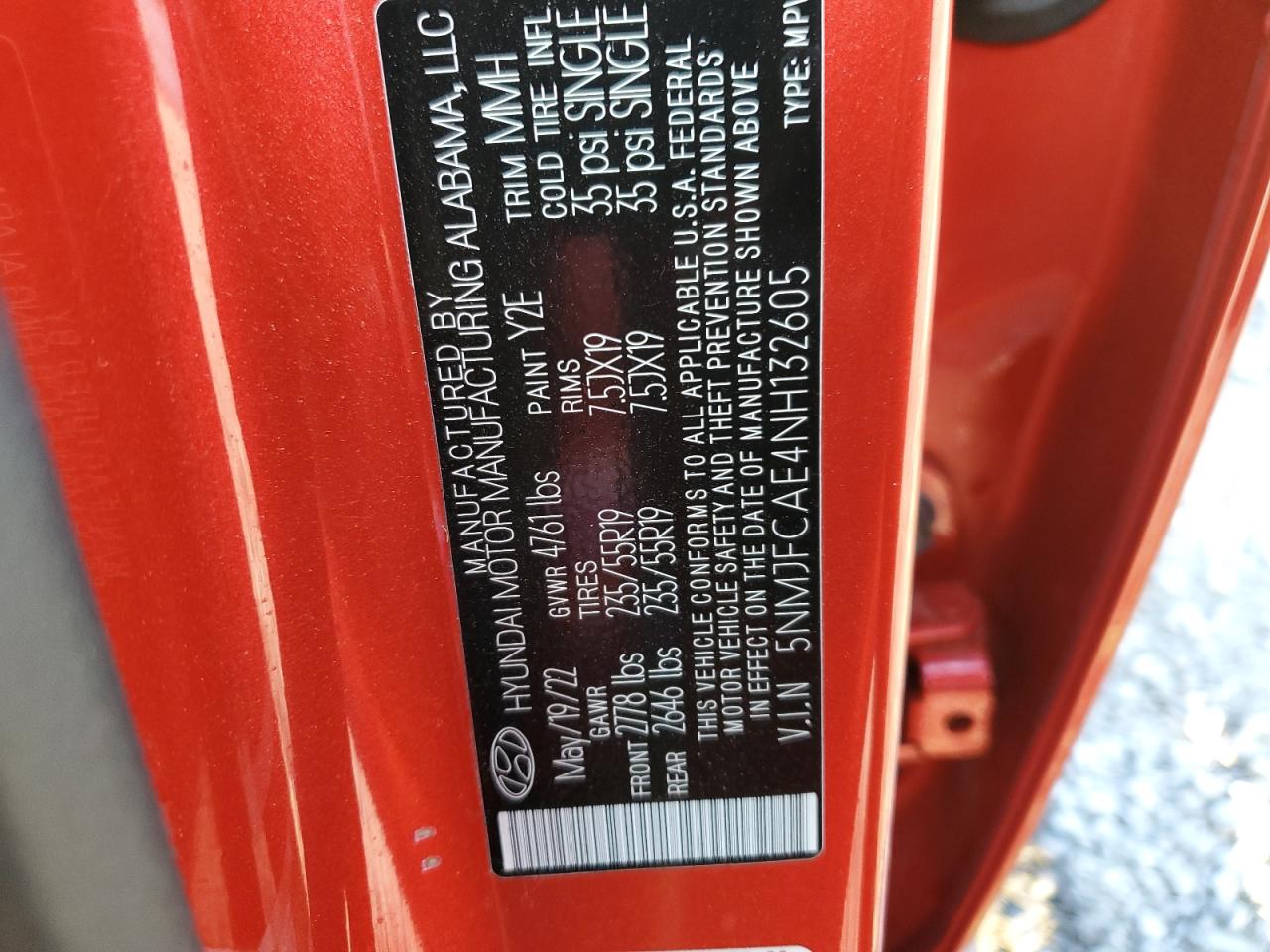 2022 HYUNDAI TUCSON SEL VIN:5NMJFCAE4NH132605