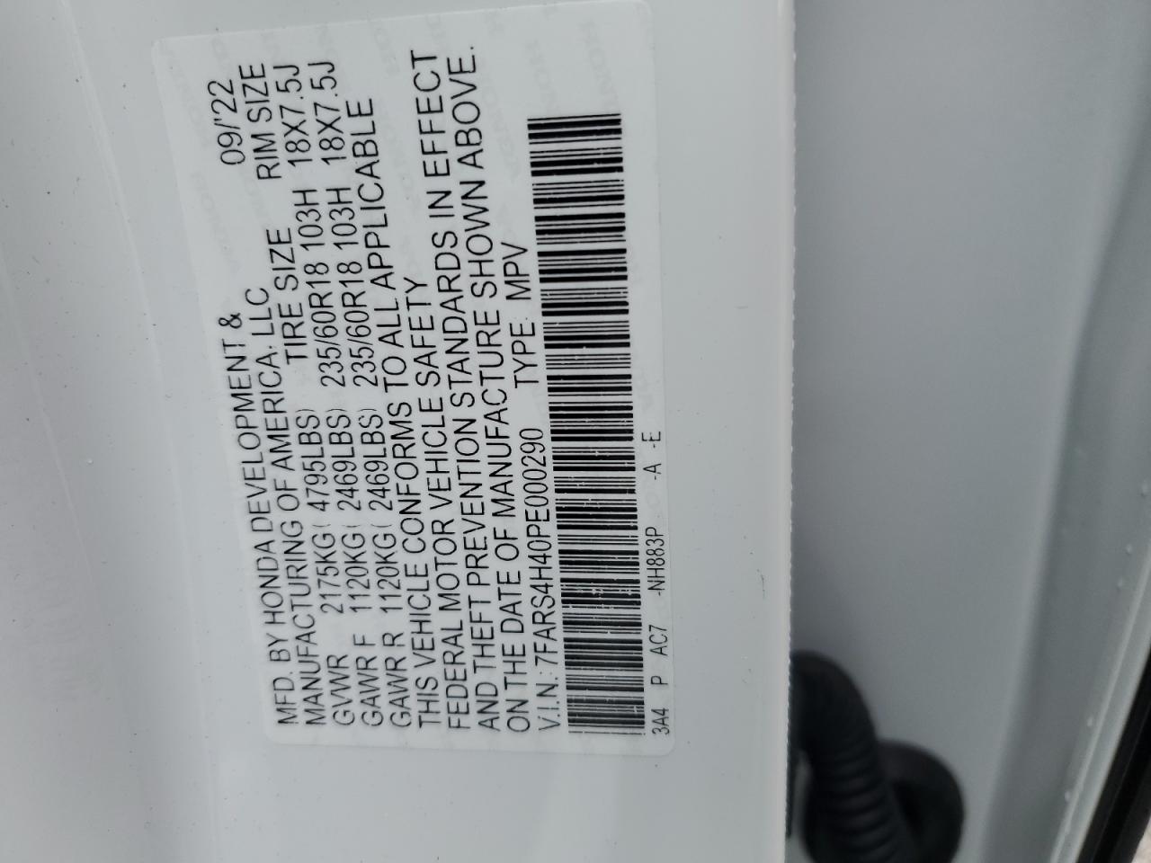 2023 HONDA CR-V EX VIN:7FARS4H40PE000290