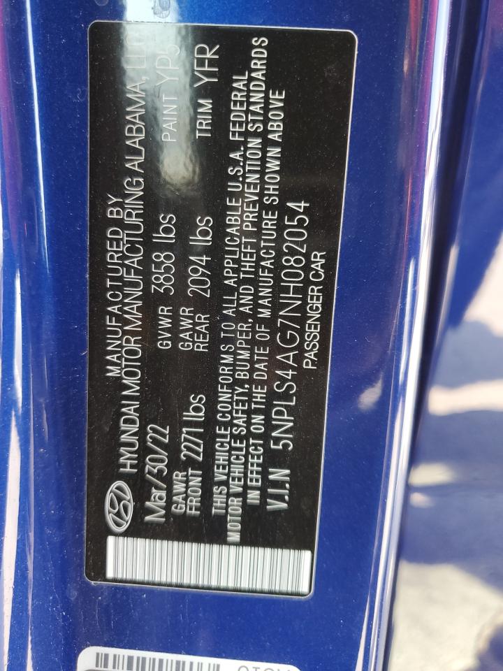 2022 HYUNDAI ELANTRA SEL VIN:5NPLS4AG7NH082054