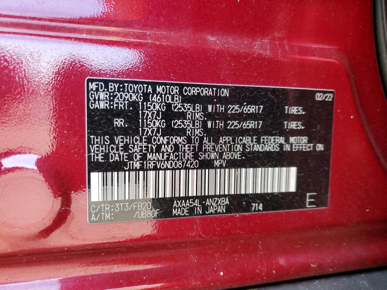 2022 TOYOTA RAV4 LE VIN:JTMF1RFV6ND087420