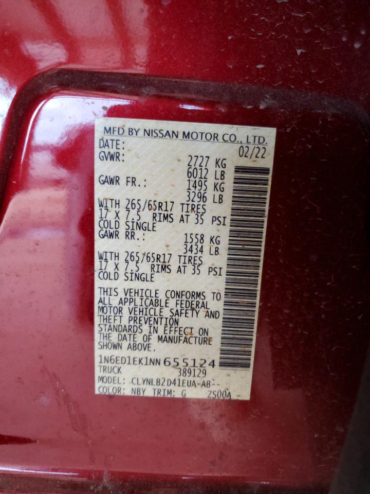 2022 NISSAN FRONTIER S VIN:1N6ED1EK1NN655124