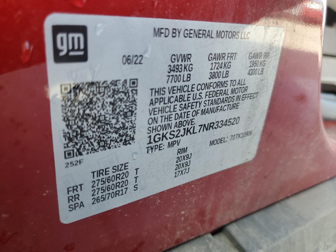 2022 GMC YUKON XL DENALI VIN:1GKS2JKL7NR334520