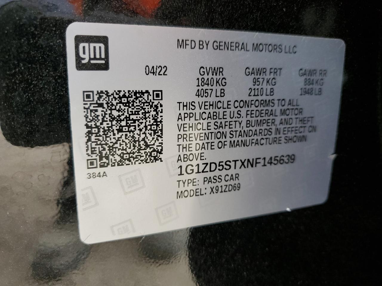 2022 CHEVROLET MALIBU LT VIN:1G1ZD5STXNF145639