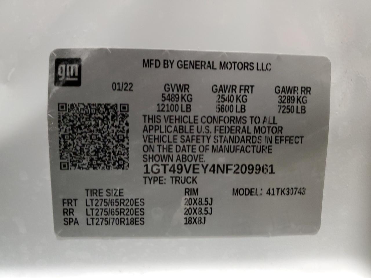 2022 GMC SIERRA K3500 AT4 VIN:1GT49VEY4NF209961