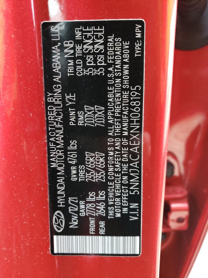 2022 HYUNDAI TUCSON SE VIN:5NMJACAEXNH068195