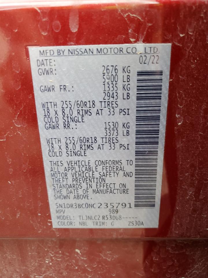 2022 NISSAN PATHFINDER SV VIN:5N1DR3BC0NC235791