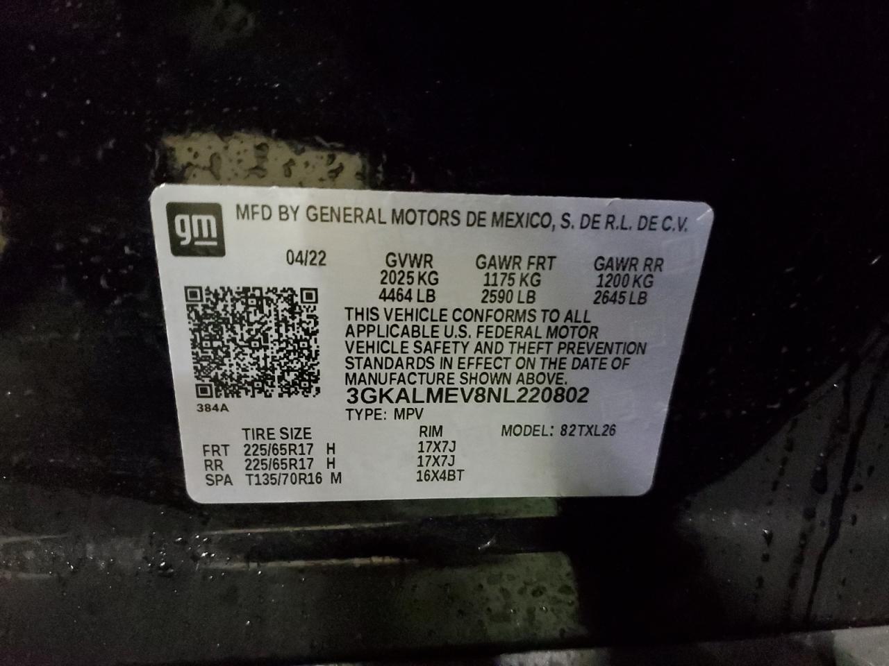 2022 GMC TERRAIN SLE VIN:3GKALMEV8NL220802