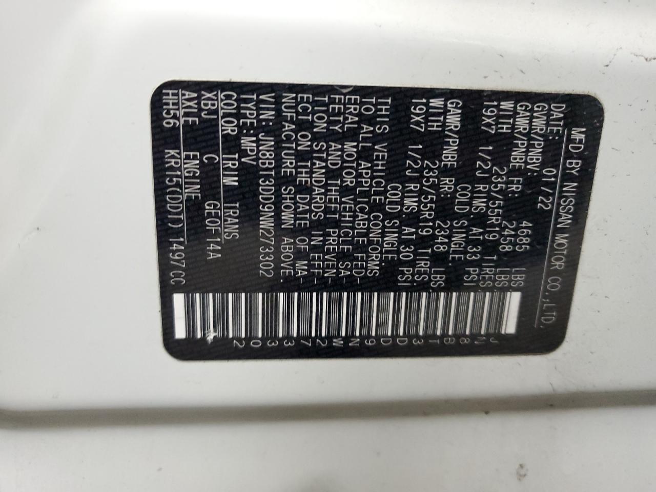 2022 NISSAN ROGUE PLATINUM VIN:JN8BT3DD9NW273302