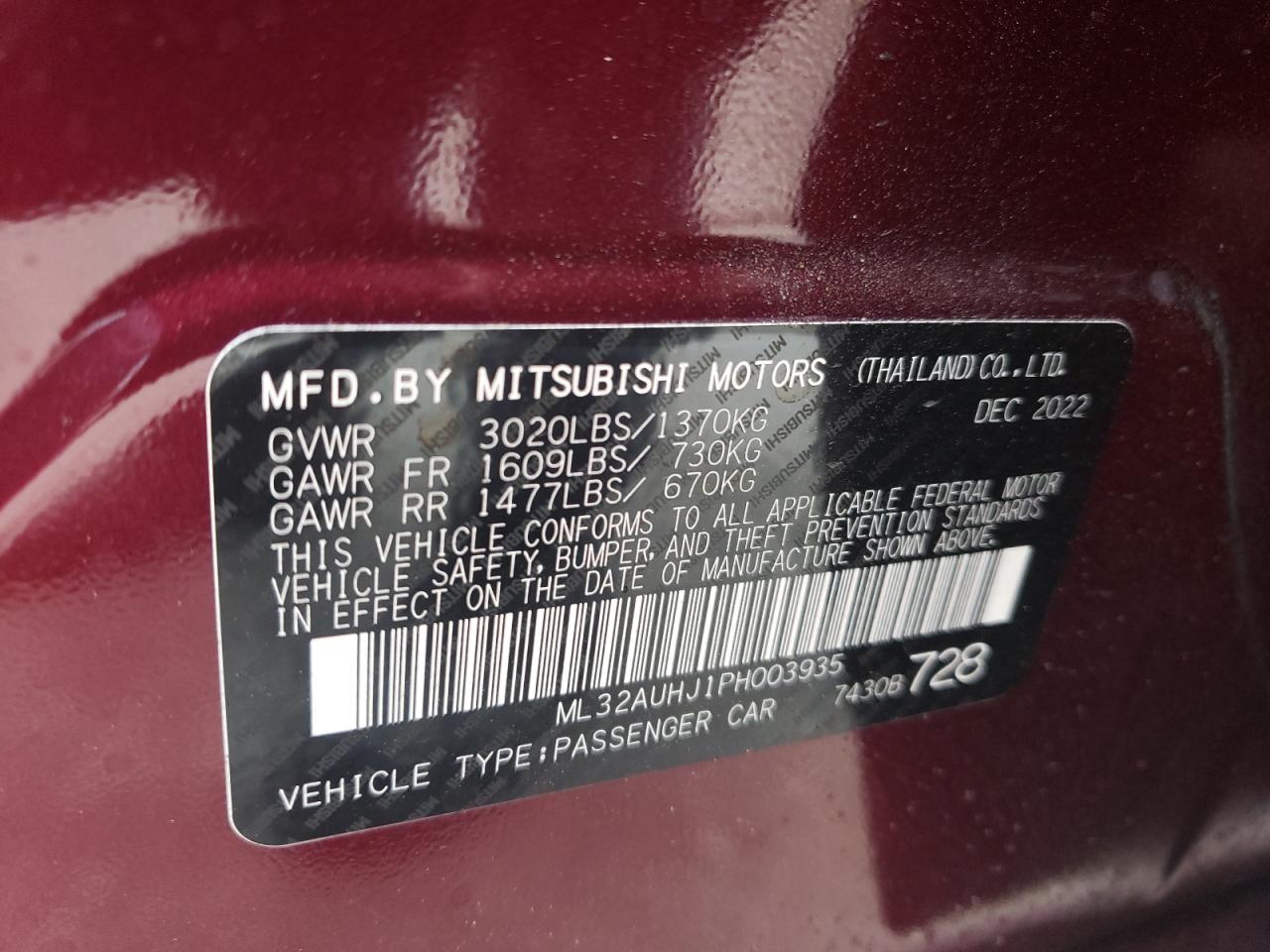 2023 MITSUBISHI MIRAGE ES VIN:ML32AUHJ1PH003935