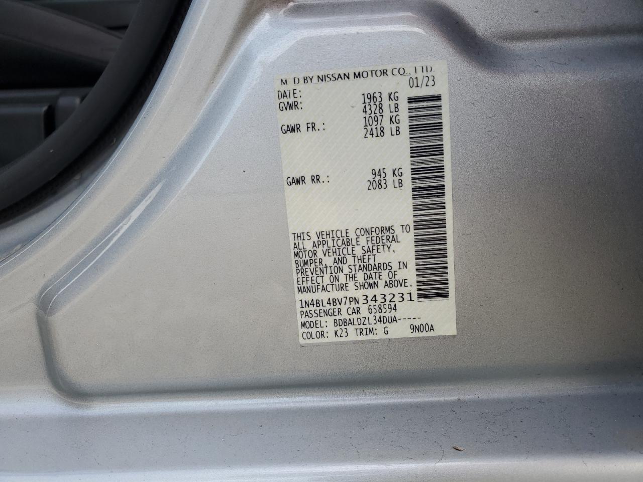 2023 NISSAN ALTIMA S VIN:1N4BL4BV7PN343231