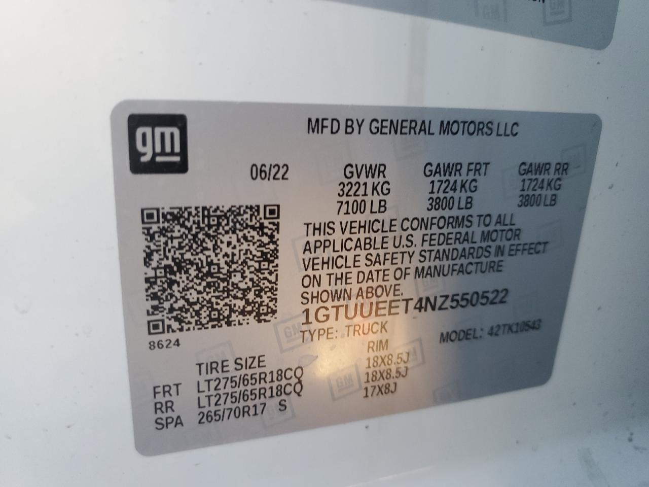 2022 GMC SIERRA K1500 AT4 VIN:1GTUUEET4NZ550522