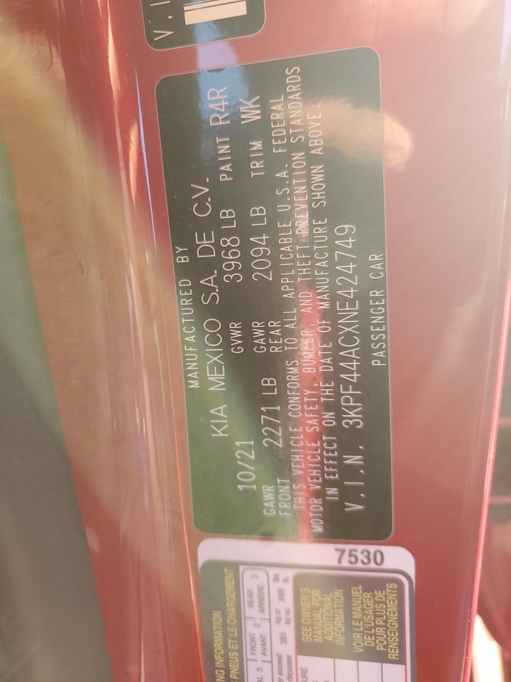2022 KIA FORTE GT VIN:3KPF44ACXNE424749