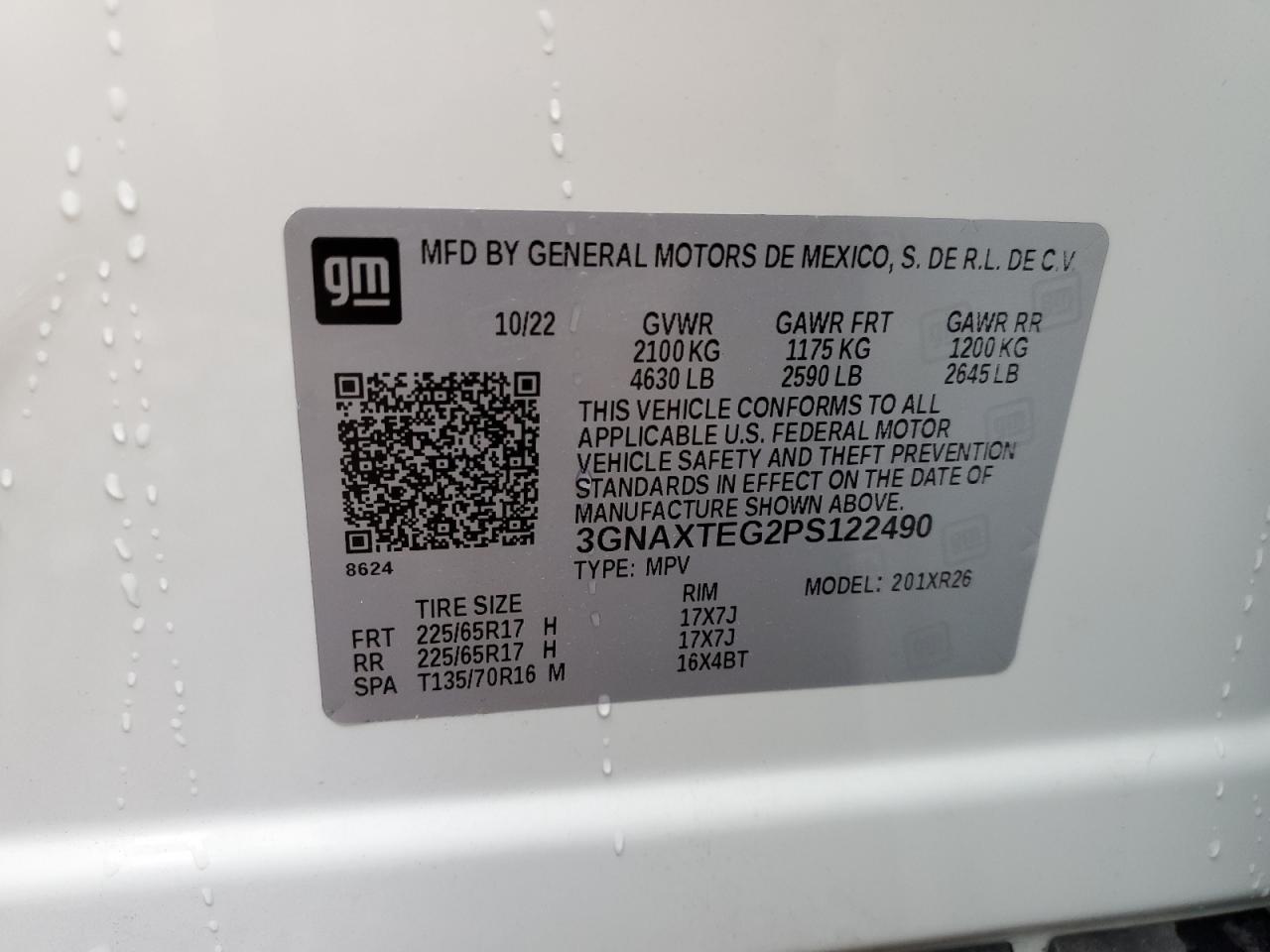 2023 CHEVROLET EQUINOX LT VIN:3GNAXTEG2PS122490