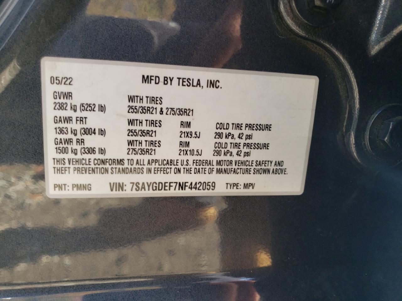 2022 TESLA MODEL Y  VIN:7SAYGDEF7NF442059