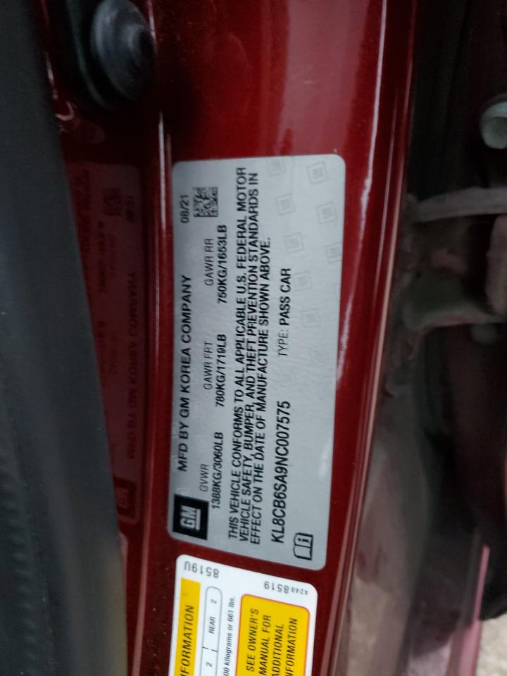 2022 CHEVROLET SPARK LS VIN:KL8CB6SA9NC007575