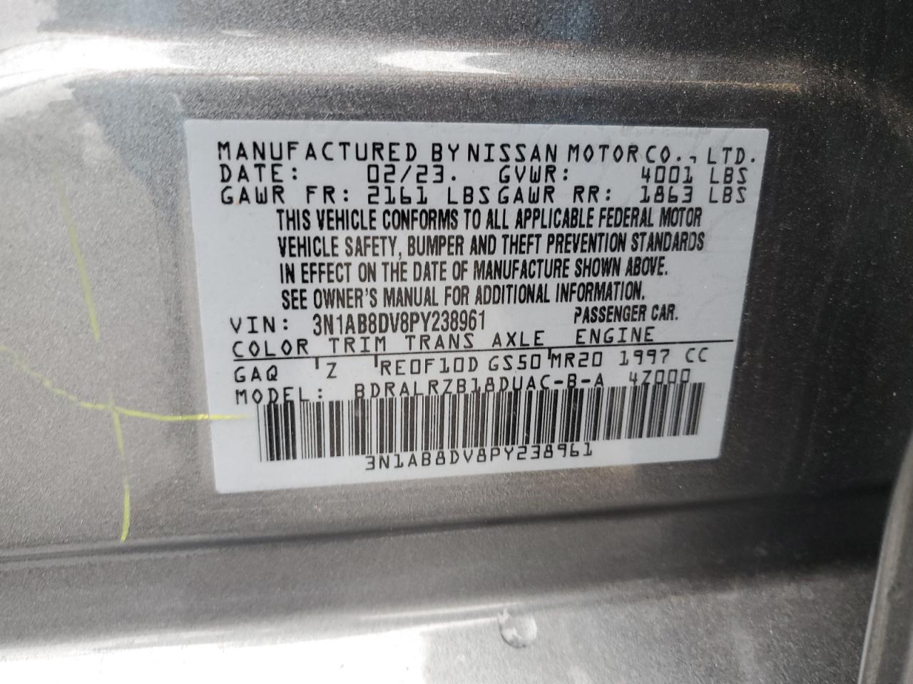 2023 NISSAN SENTRA SR VIN:3N1AB8DV8PY238961