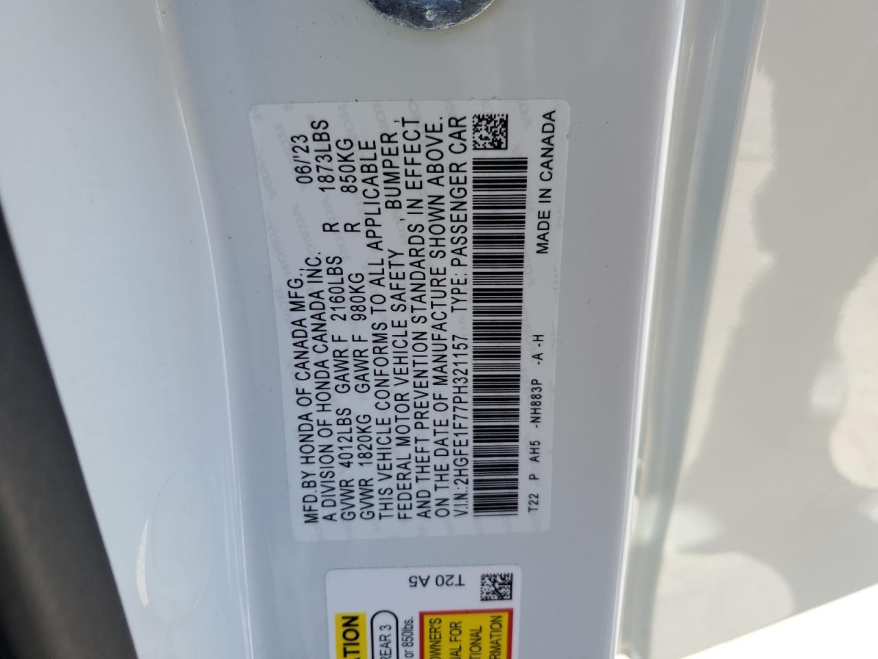 2023 HONDA CIVIC EX VIN:2HGFE1F77PH321157