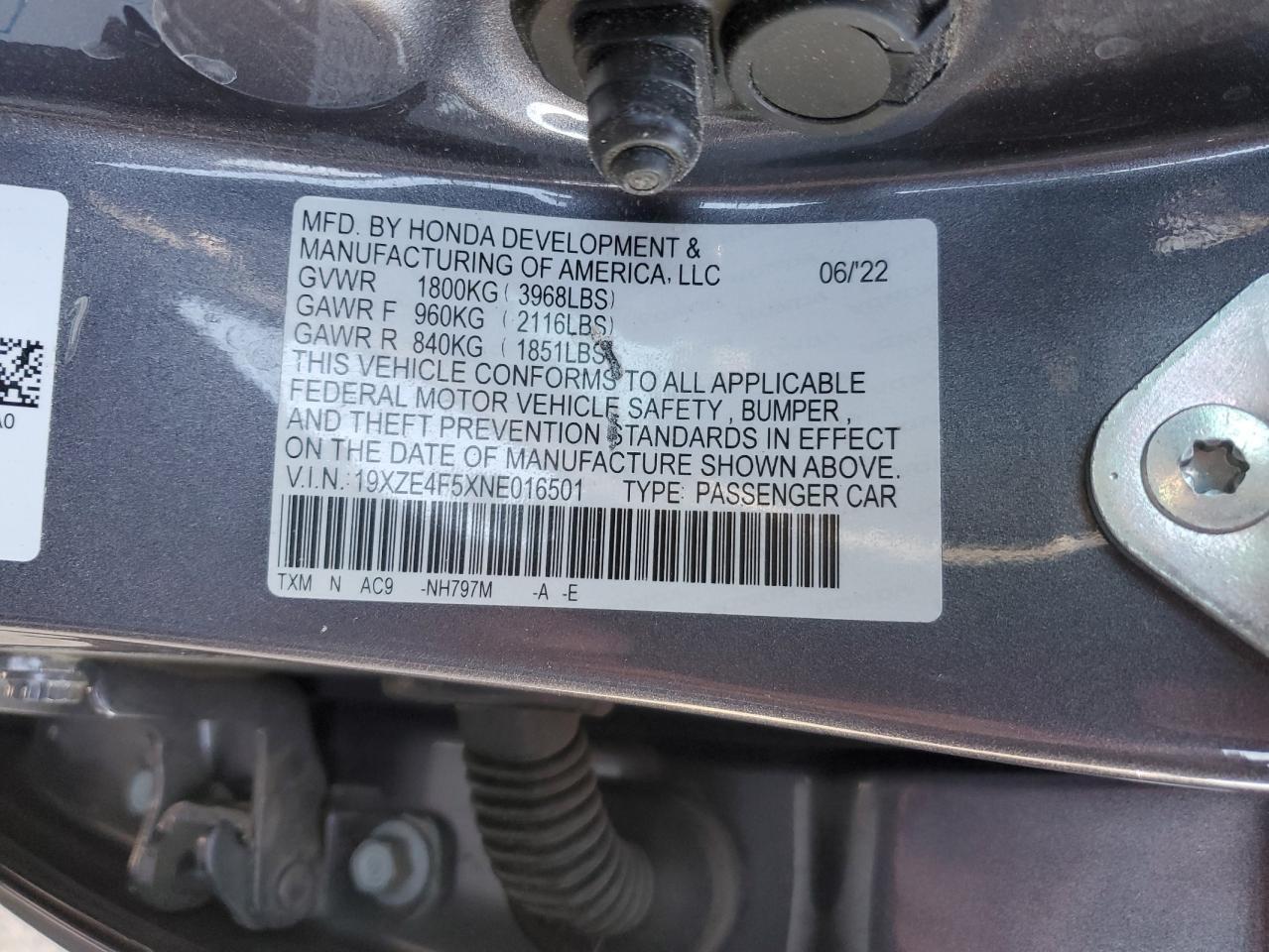 2022 HONDA INSIGHT EX VIN:19XZE4F5XNE016501