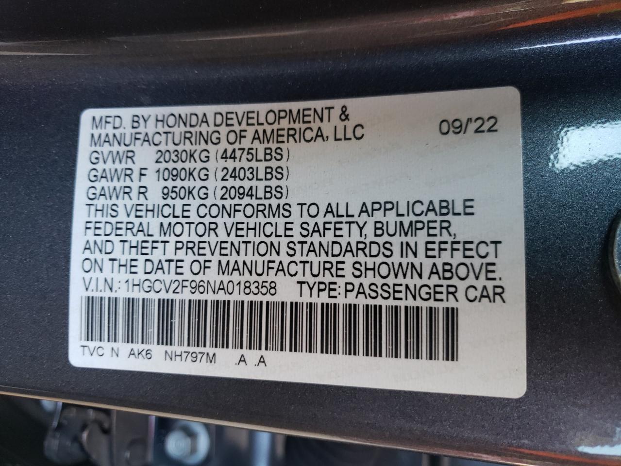 2022 HONDA ACCORD TOURING VIN:1HGCV2F96NA018358
