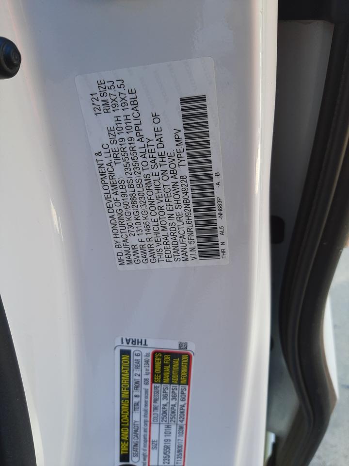 2022 HONDA ODYSSEY ELITE VIN:5FNRL6H92NB049228
