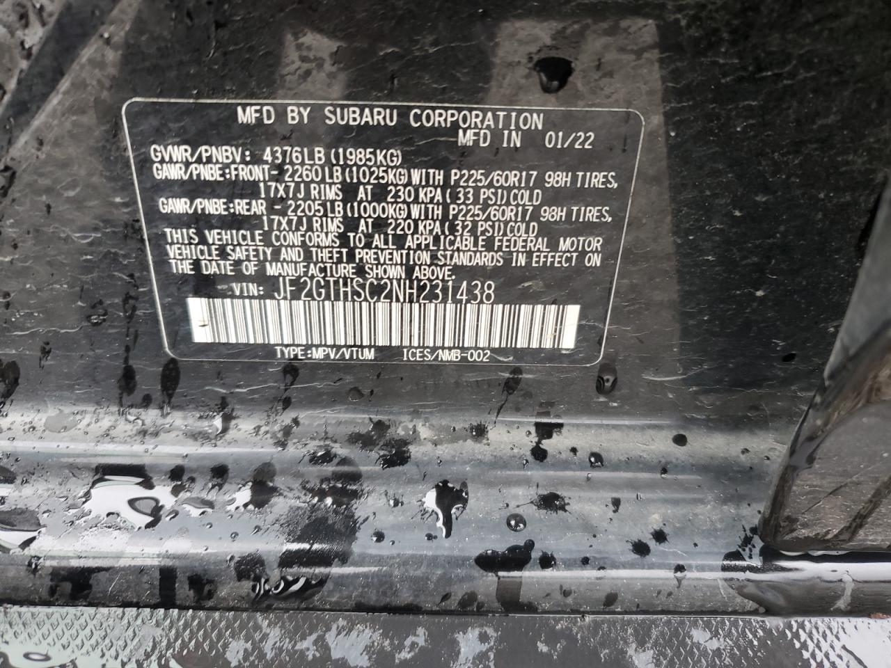 2022 SUBARU CROSSTREK SPORT VIN:JF2GTHSC2NH231438