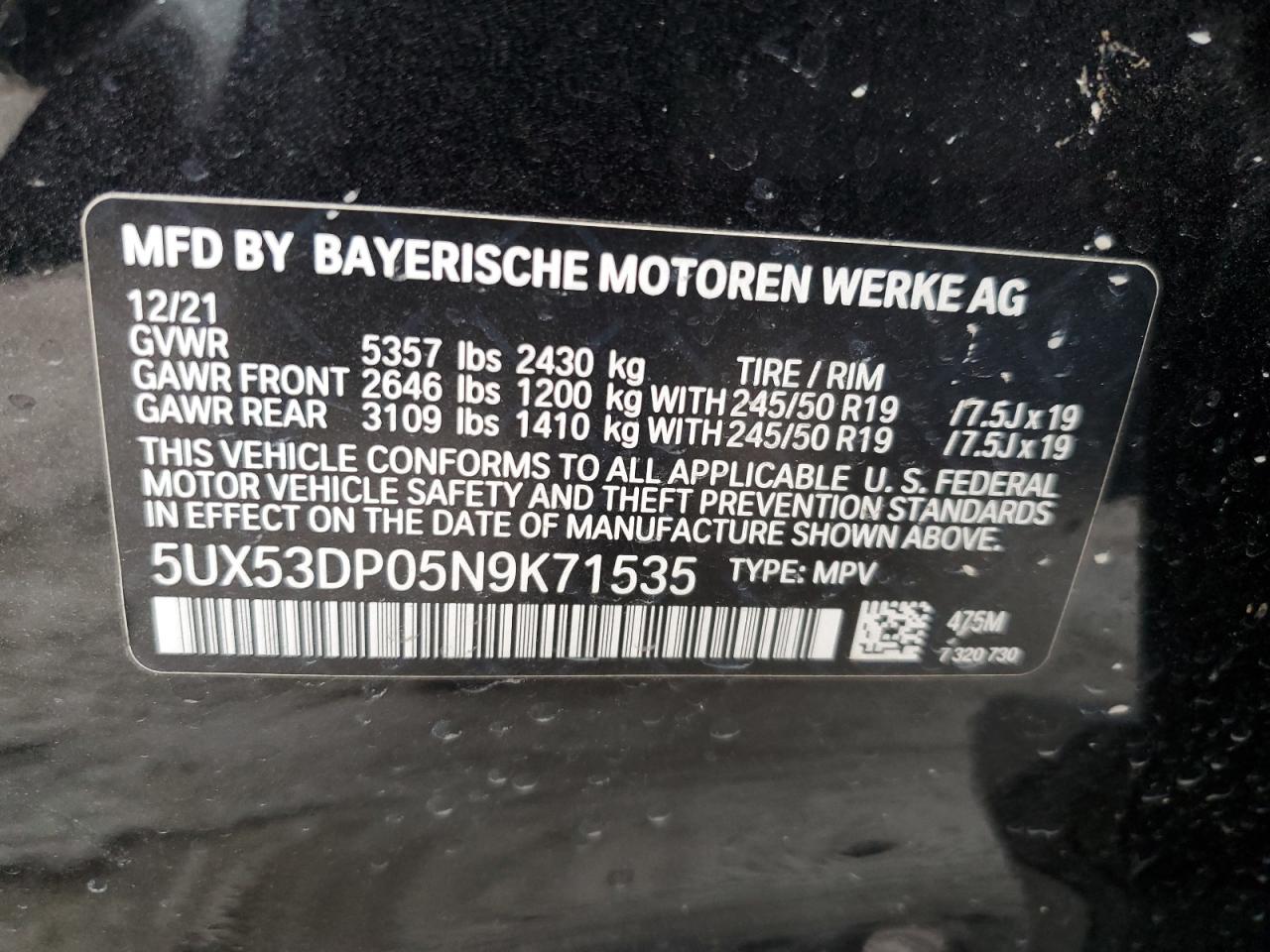 2022 BMW X3 XDRIVE30I VIN:5UX53DP05N9K71535