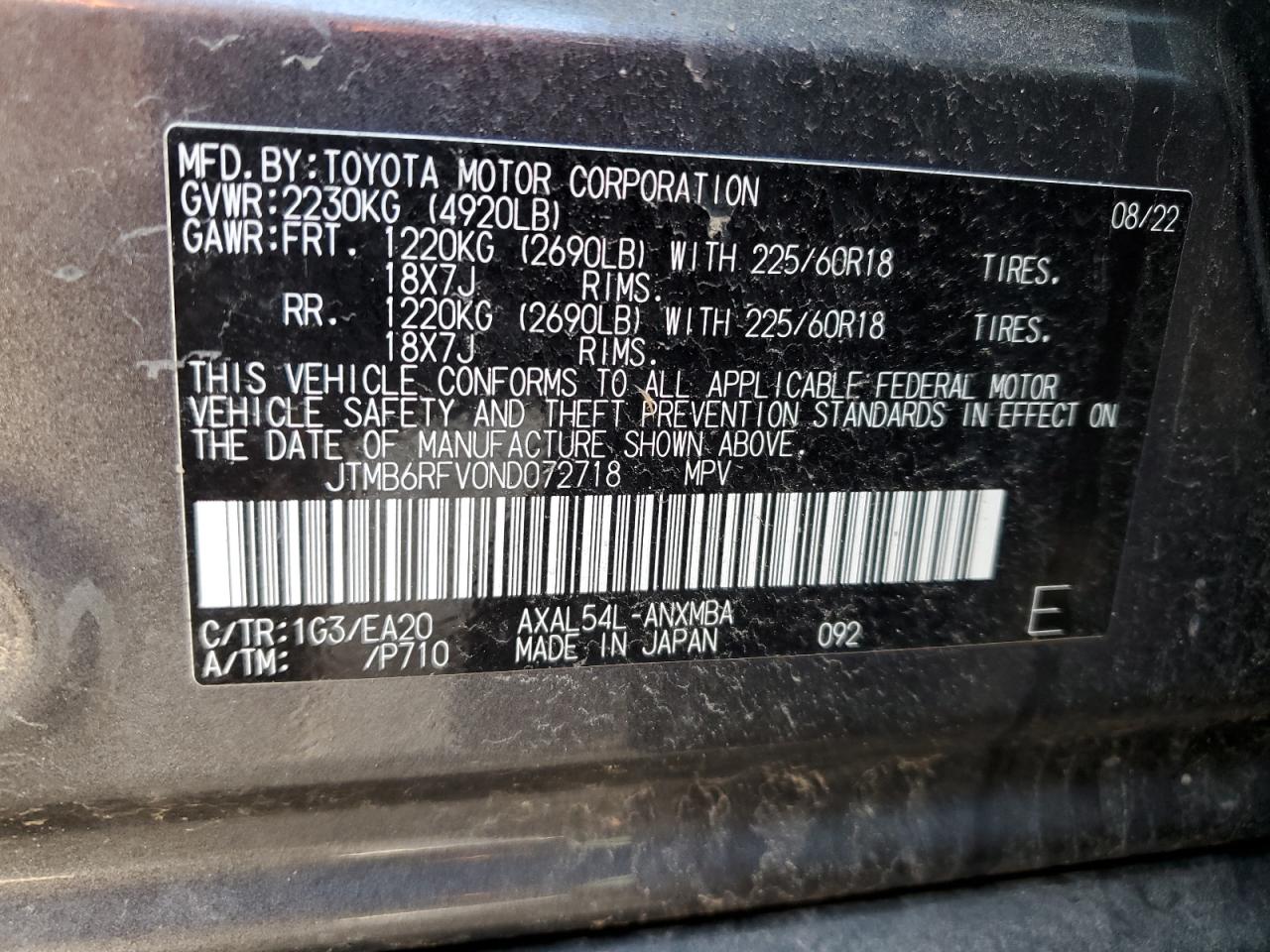 2022 TOYOTA RAV4 XLE PREMIUM VIN:JTMB6RFV0ND072718