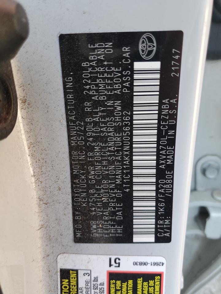 2022 TOYOTA CAMRY LE VIN:4T1C11AKXNU056362