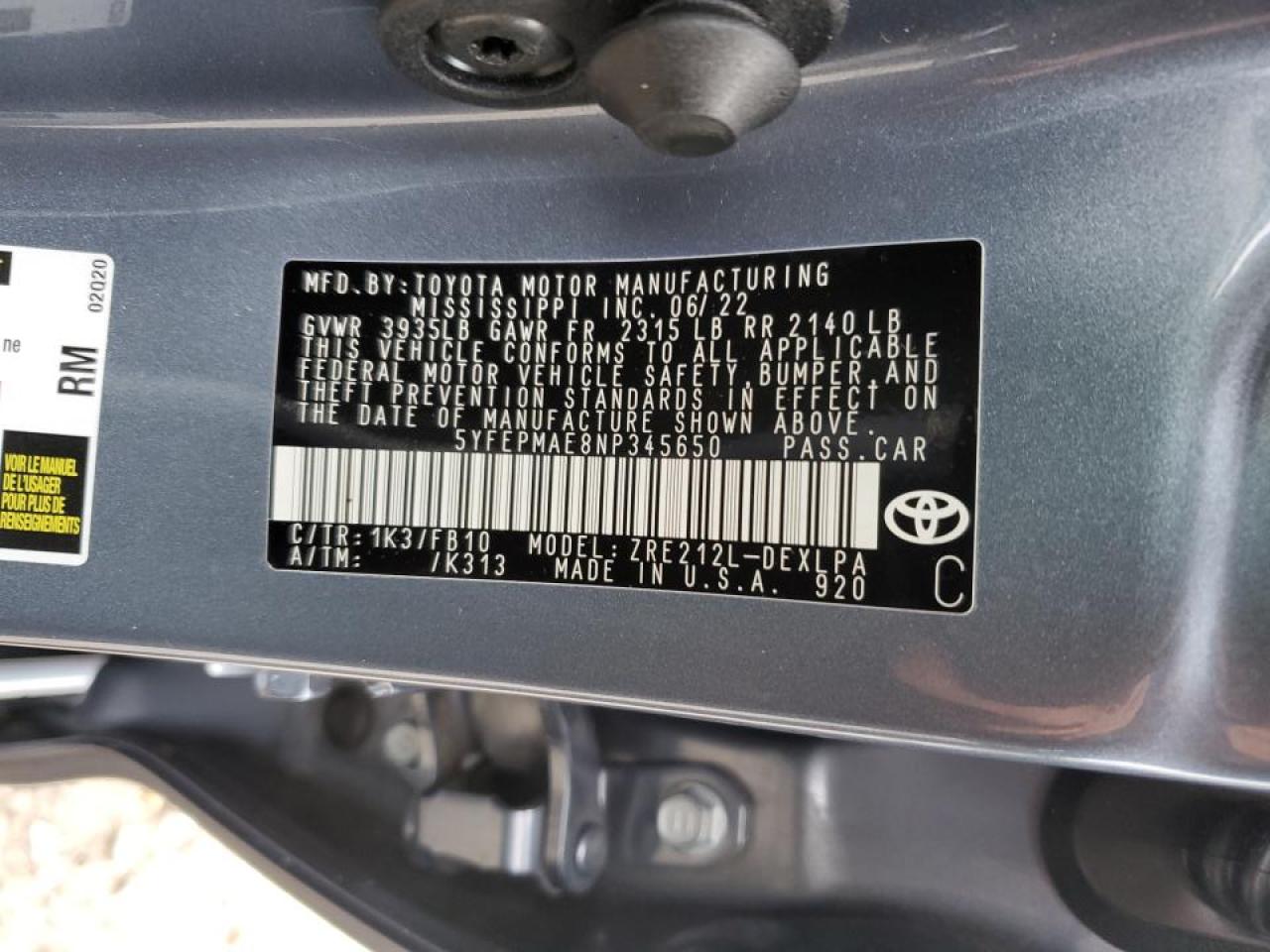 2022 TOYOTA COROLLA LE VIN:5YFEPMAE8NP345650