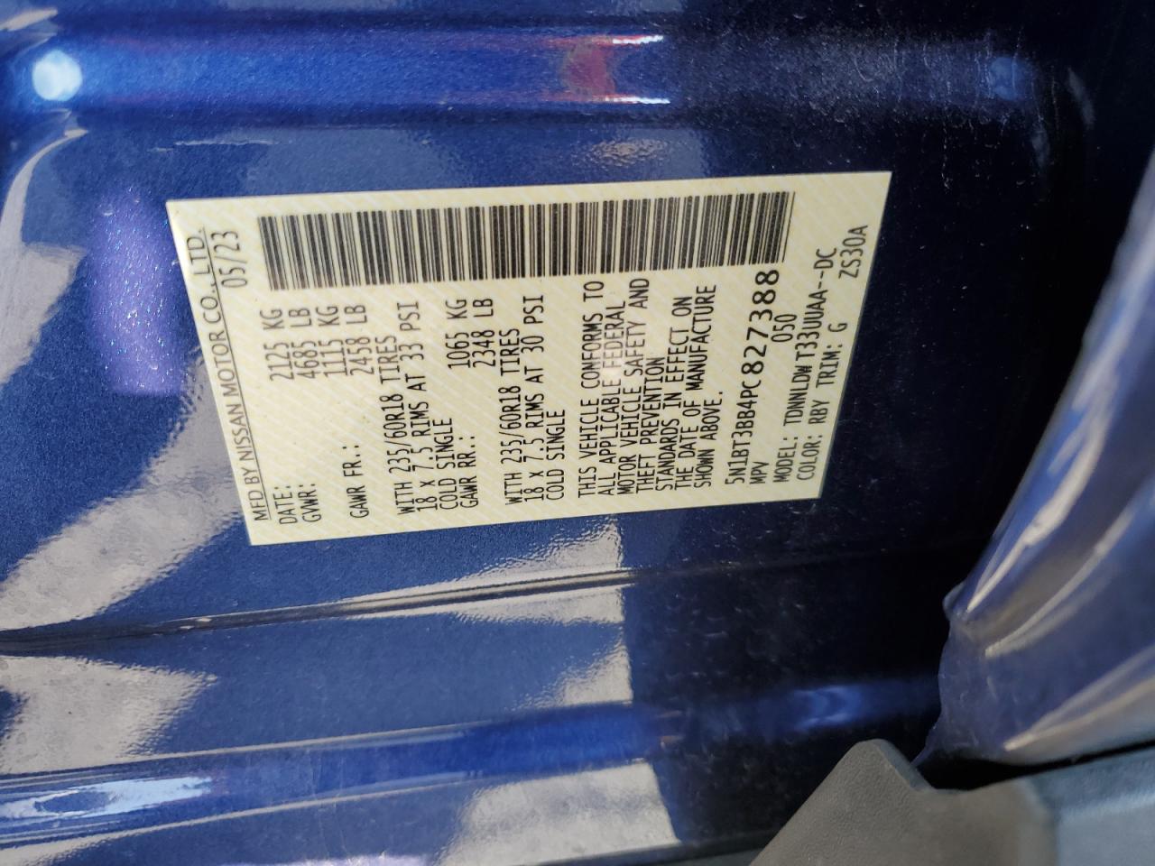 2023 NISSAN ROGUE SV VIN:5N1BT3BB4PC827388